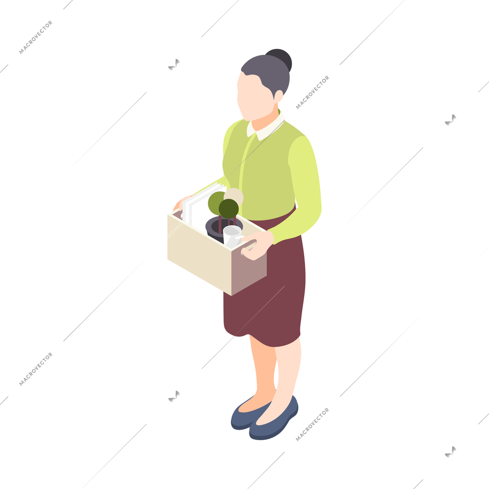 Isometric character of fired unemployed woman holding box with personal items 3d vector illustration