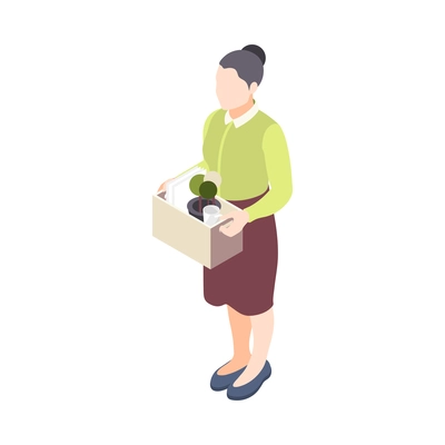 Isometric character of fired unemployed woman holding box with personal items 3d vector illustration