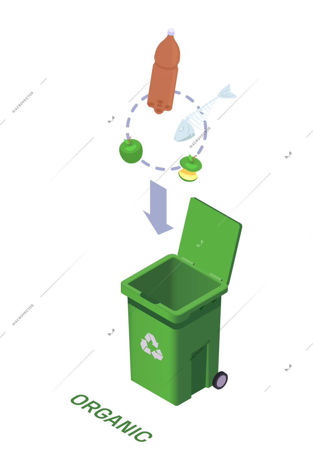 Garbage recycling isometric icon with green container for organic waste 3d vector illustration