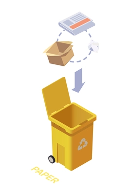 Garbage recycling isometric icon with open yellow container and paper waste 3d vector illustration