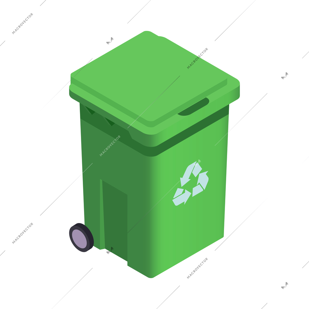 Isometric green garbage bin with recycling symbol 3d vector illustration