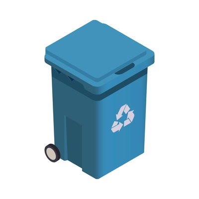 Blue garbage bin with recycling symbol 3d isometric vector illustration