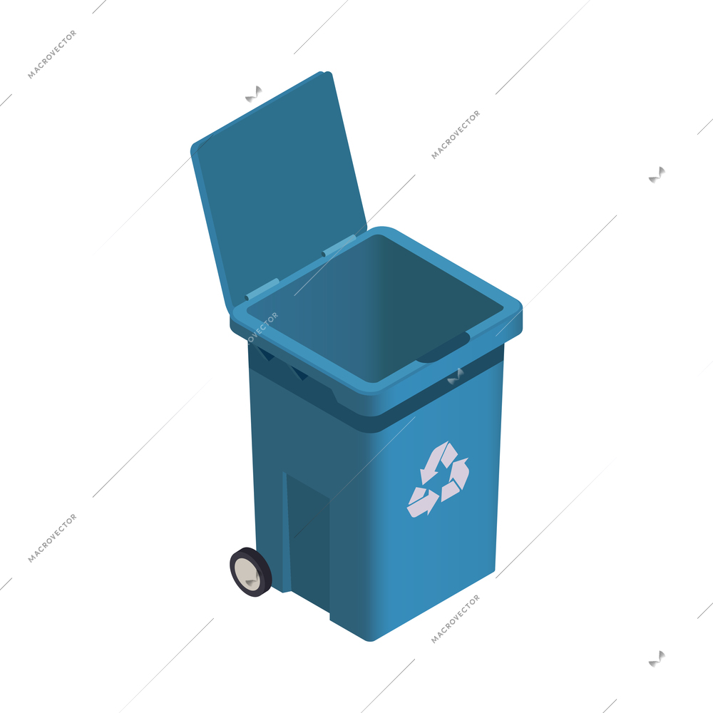 Garbage recycling icon with isometric open blue rubbish bin 3d vector illustration