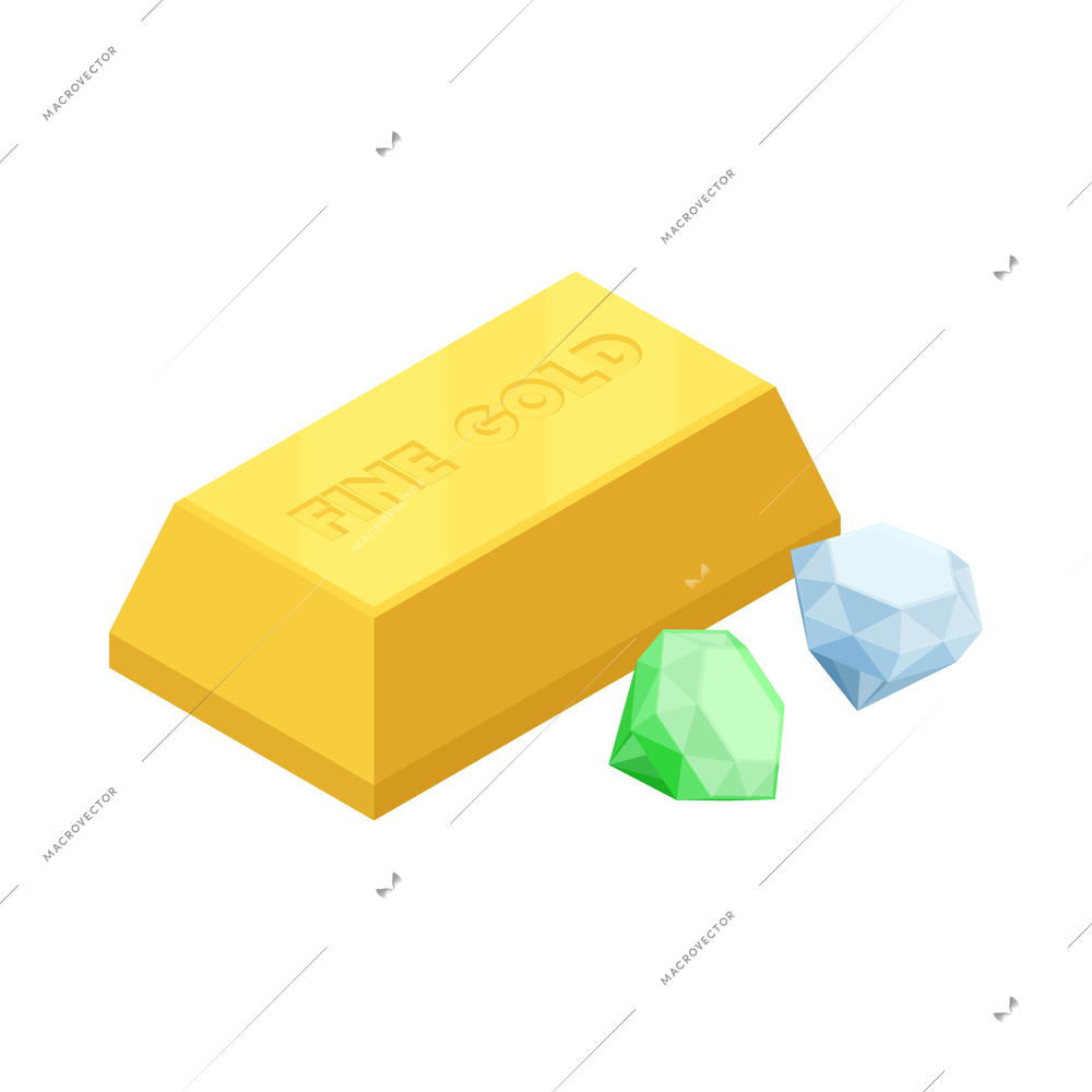 Isometric ingot of fine gold and two diamonds on white background 3d vector illustration