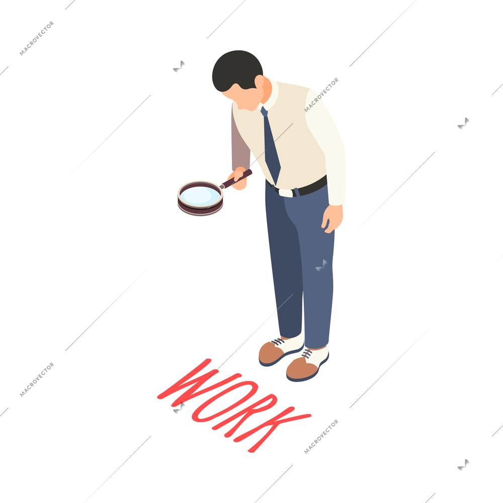 Employment isometric concept with man with magnifier looking for job 3d vector illustration