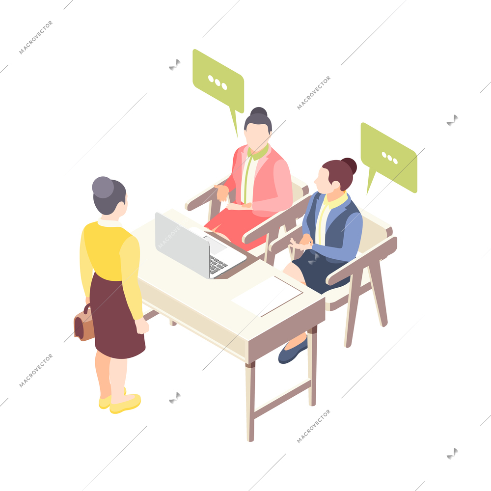 Isometric job interview with characters of recruiters and female applicant 3d vector illustration