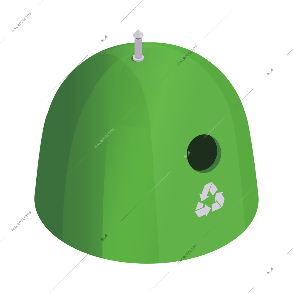 Green garbage can with recycling symbol on white background 3d isometric vector illustration