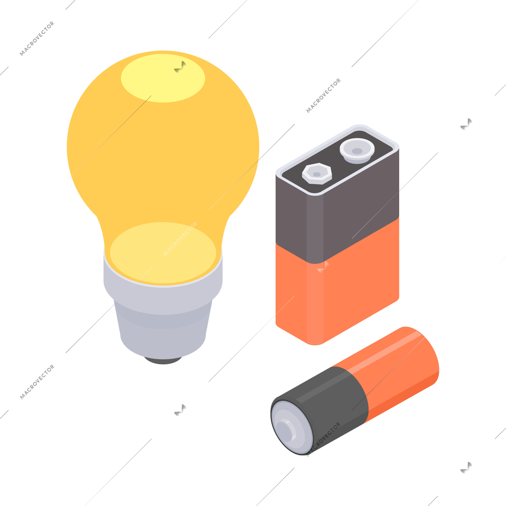 Ewaste recycling isometric icon with light bulb battery accumulator 3d isolated vector illustration