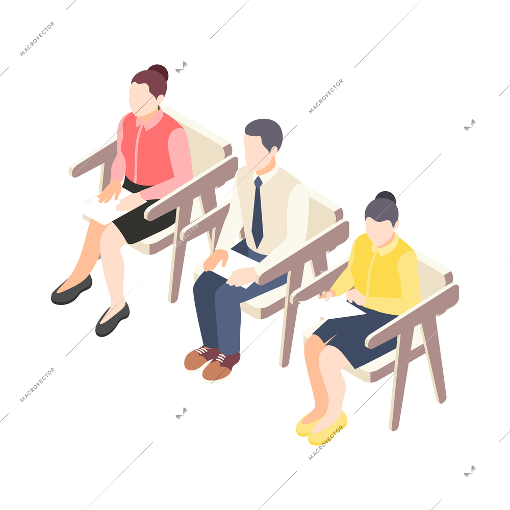 Isometric characters of job candidates awaiting with cv 3d vector illustration