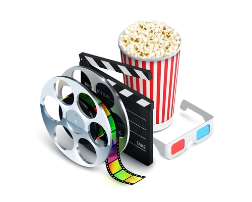 Cinema concept with movie theatre elements set of film reel clapperboard popcorn 3d glasses realistic vector illustration