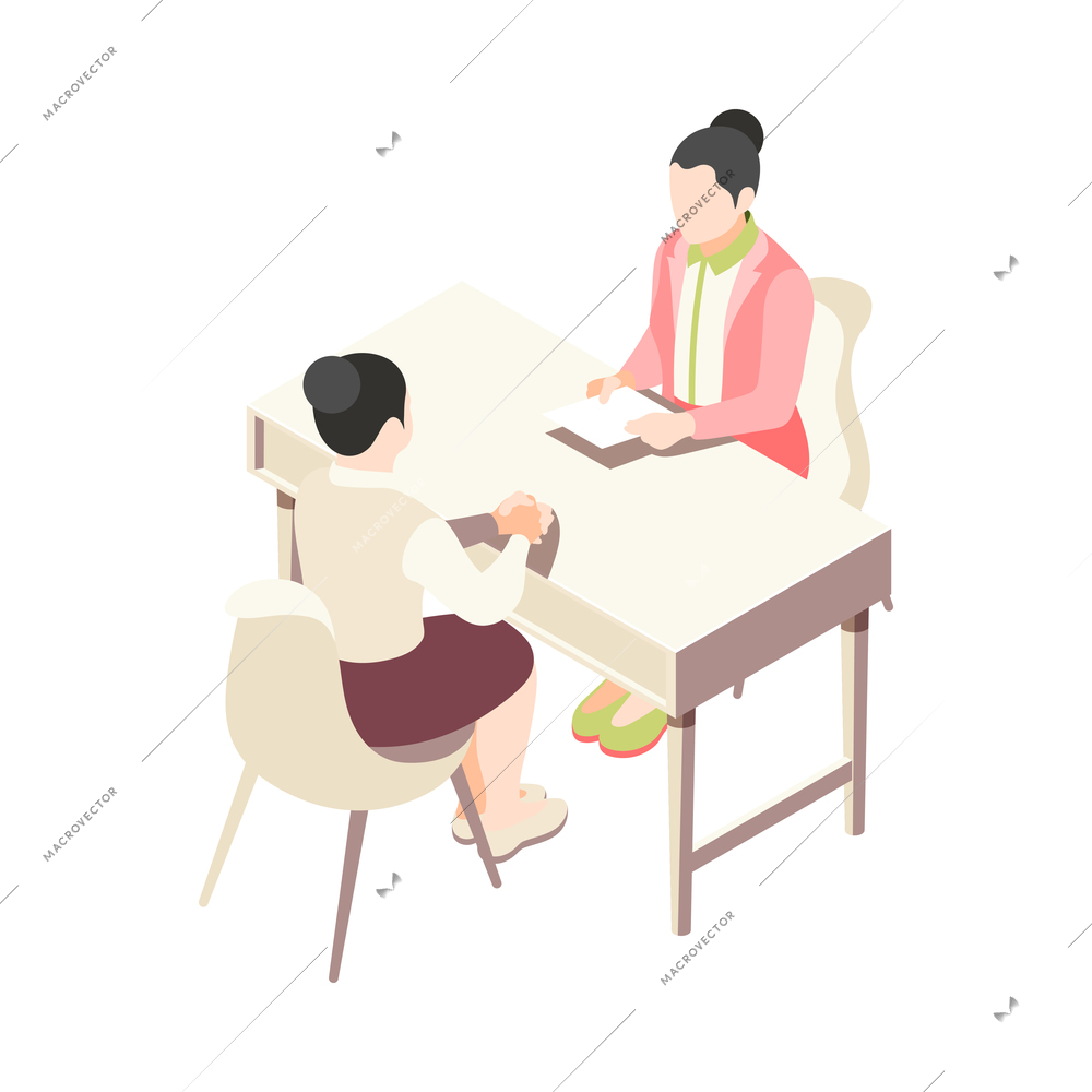 Job interview with isometric faceless female characters of recruiter and candidate 3d vector illustration