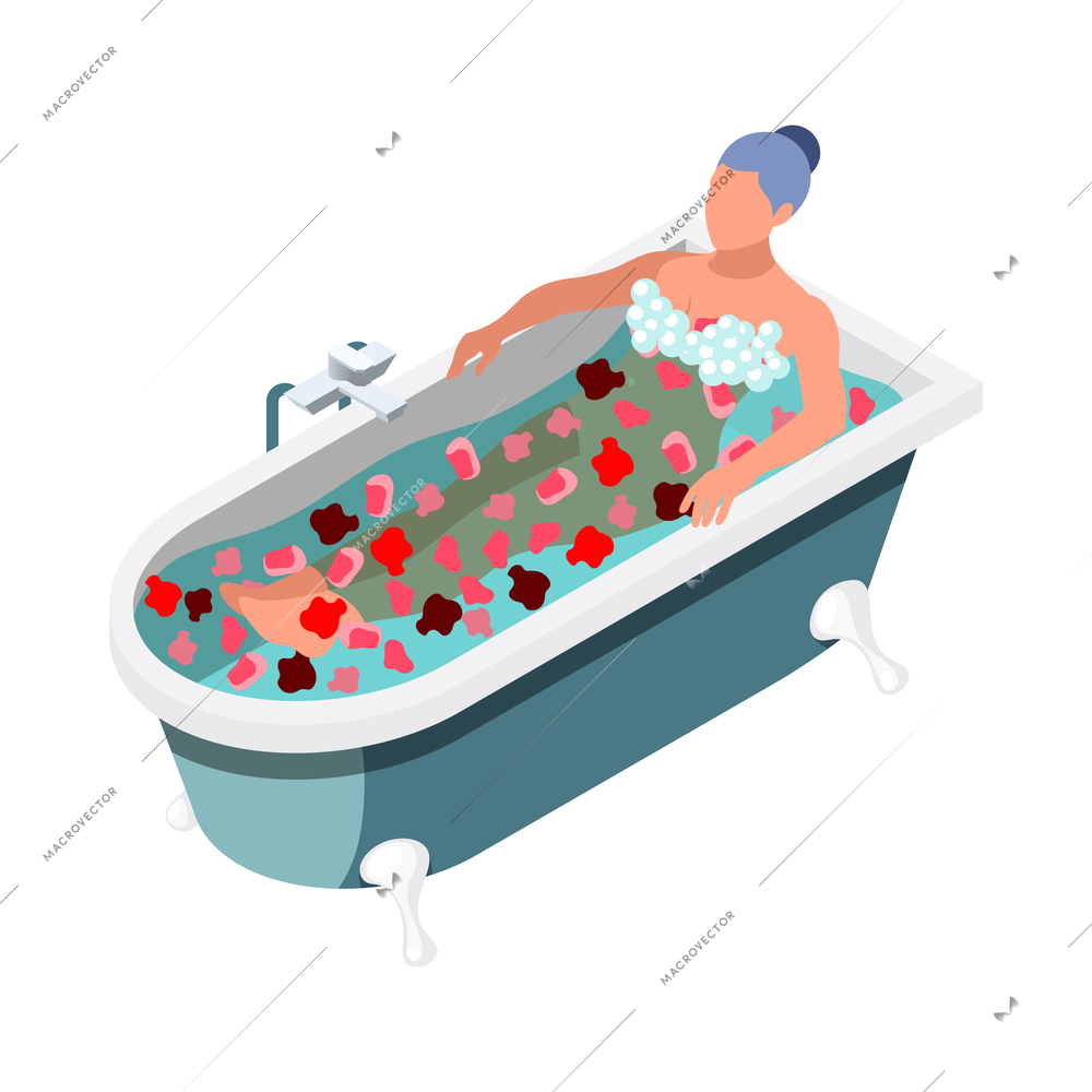 Women health isometric icon with female character relaxing in bath with flowers 3d vector illustration