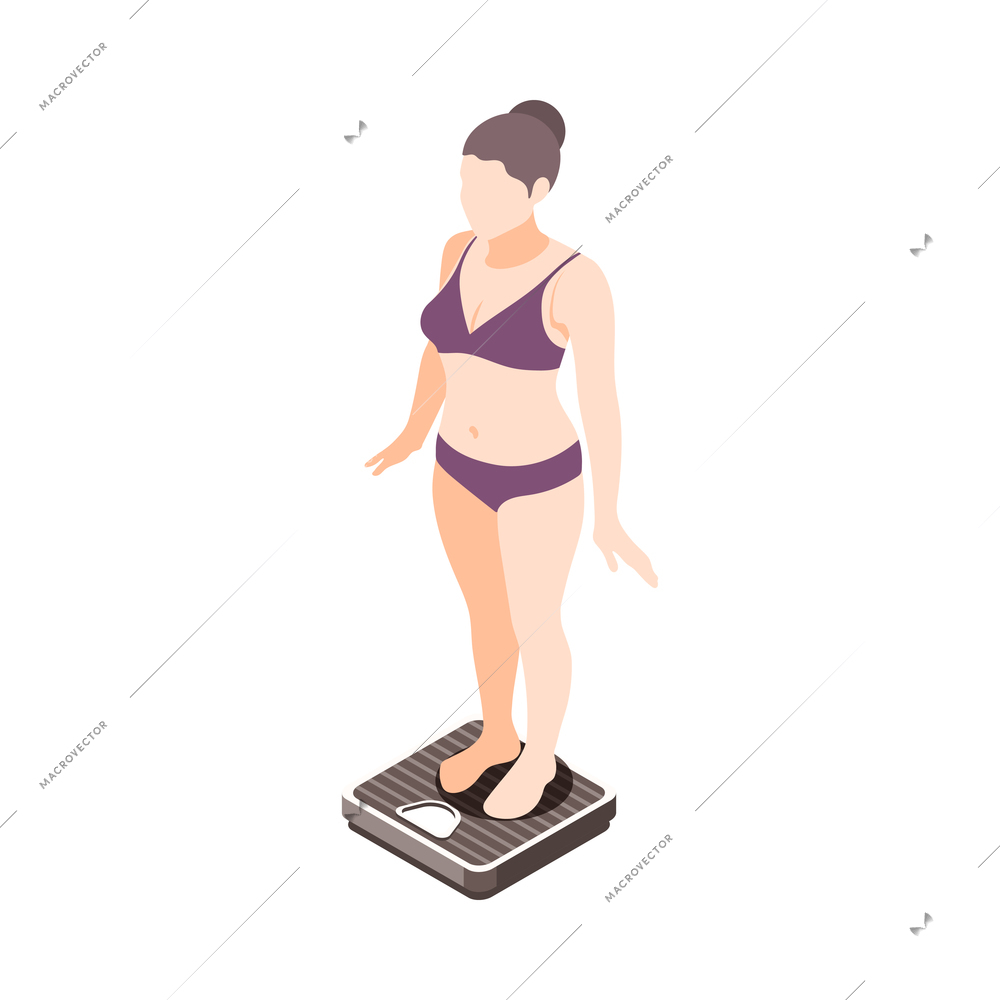 Women health isometric icon with slim female character on scales controlling her weight 3d vector illustration