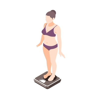 Women health isometric icon with slim female character on scales controlling her weight 3d vector illustration