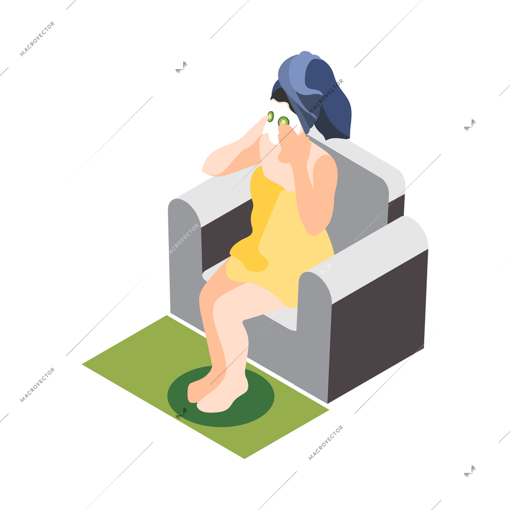 Women health self care isometric icon with female character applying facial mask after shower 3d vector illustration