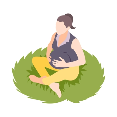 Isometric pregnant woman sitting on green grass 3d vector illustration