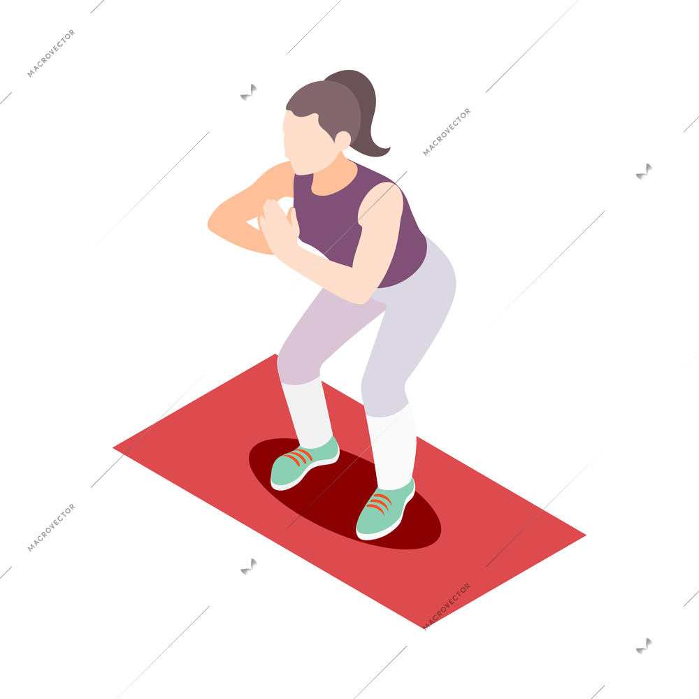 Young woman doing fitness squats 3d isometric vector illustration