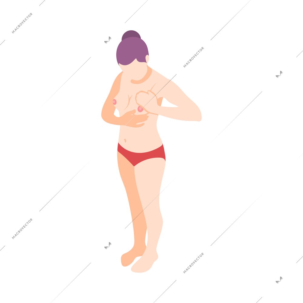 Women health isometric icon with female character examining her breasts 3d vector illustration