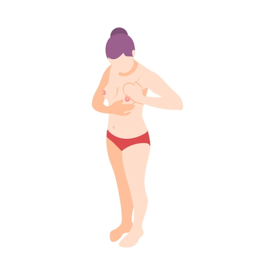 Women health isometric icon with female character examining her breasts 3d vector illustration