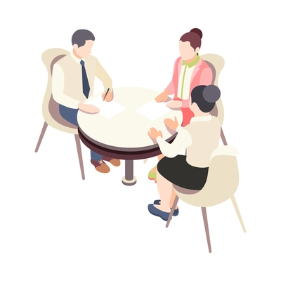 Employment isometric icon with characters of recruiter and candidates at table 3d vector illustration