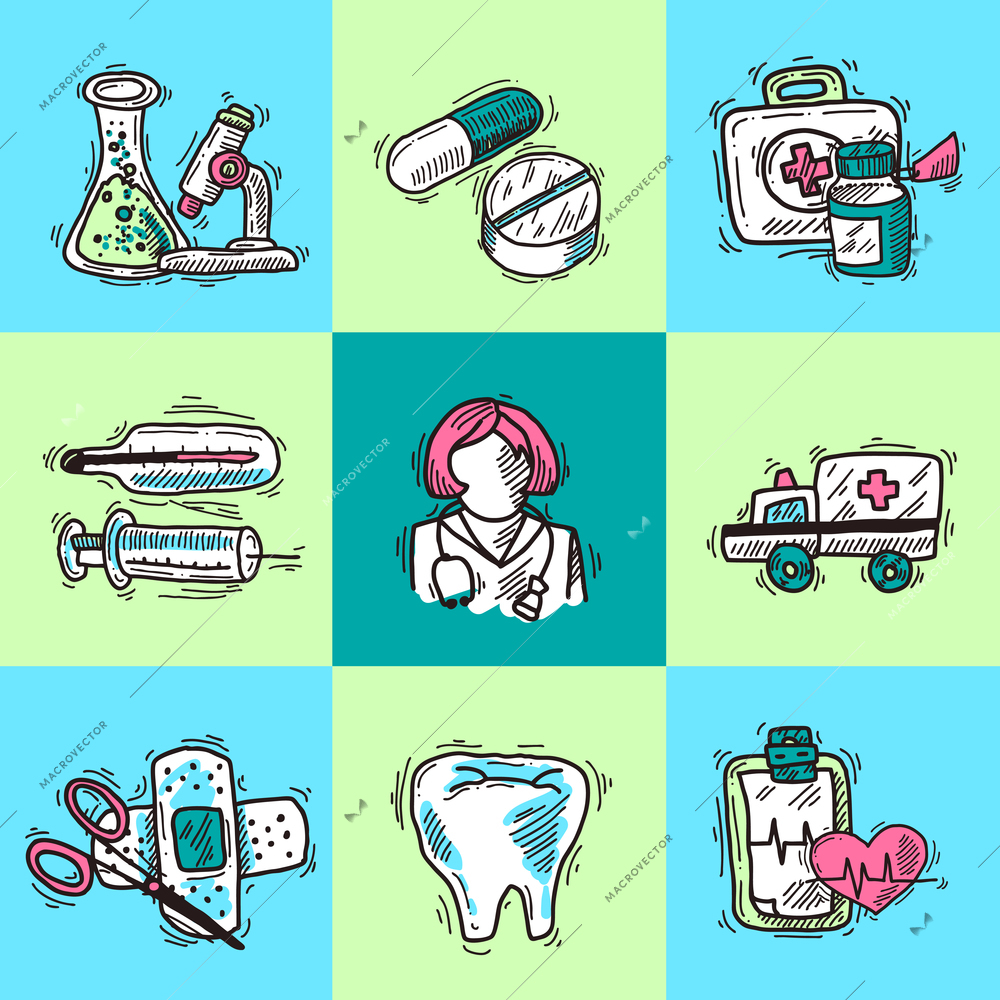 Medical design concept with first aid kit healthcare services icons sketch isolated vector illustration