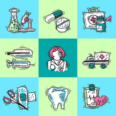 Medical design concept with first aid kit healthcare services icons sketch isolated vector illustration