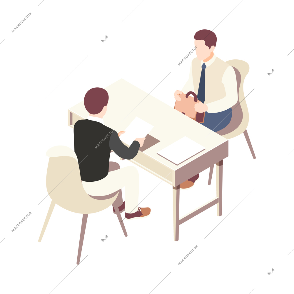 Employment isometric icon with male candidate being interviewed by recruiter 3d vector illustration