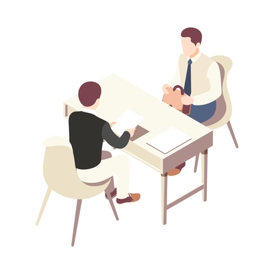 Employment isometric icon with male candidate being interviewed by recruiter 3d vector illustration