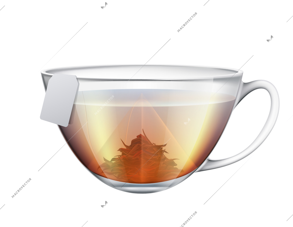 Realistic tea brewing with teabag in glass cup vector illustration