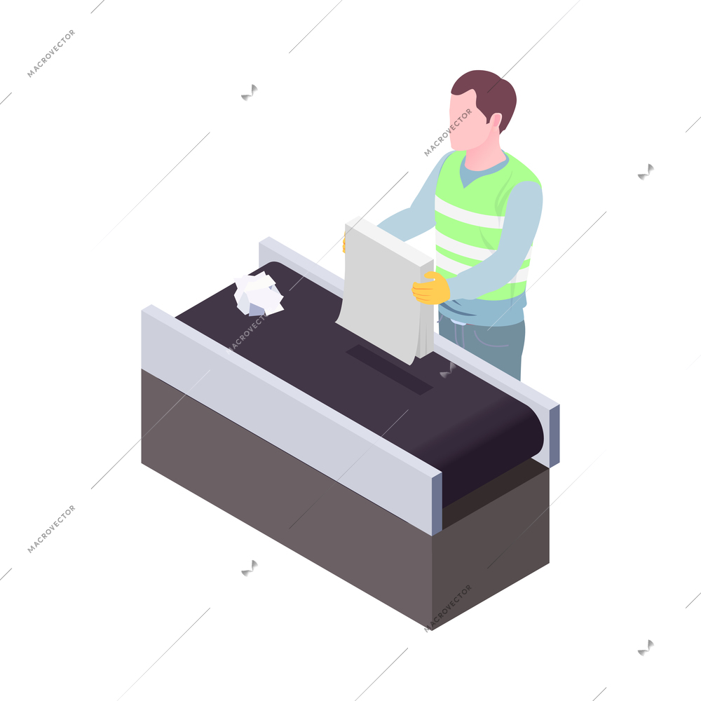 Garbage recycling plant isometric icon with worker and paper waste on conveyor line 3d vector illustration