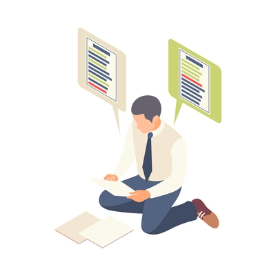 Employment icon with male applicant looking through job offers 3d isometric vector illustration