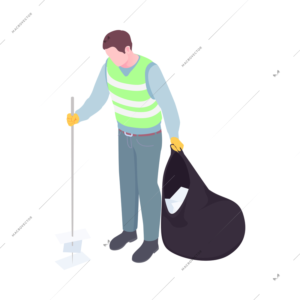 Isometric garbage cleaner collecting paper waste in street 3d vector illustration