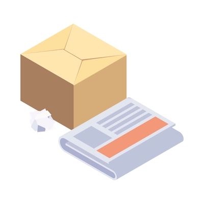 Paper waste isometric icon with cardboard box newspaper 3d vector illustration