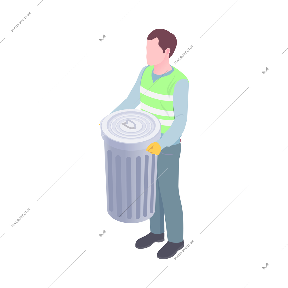 Garbage cleaner character in uniform holding rubbish bin 3d isometric vector illustration