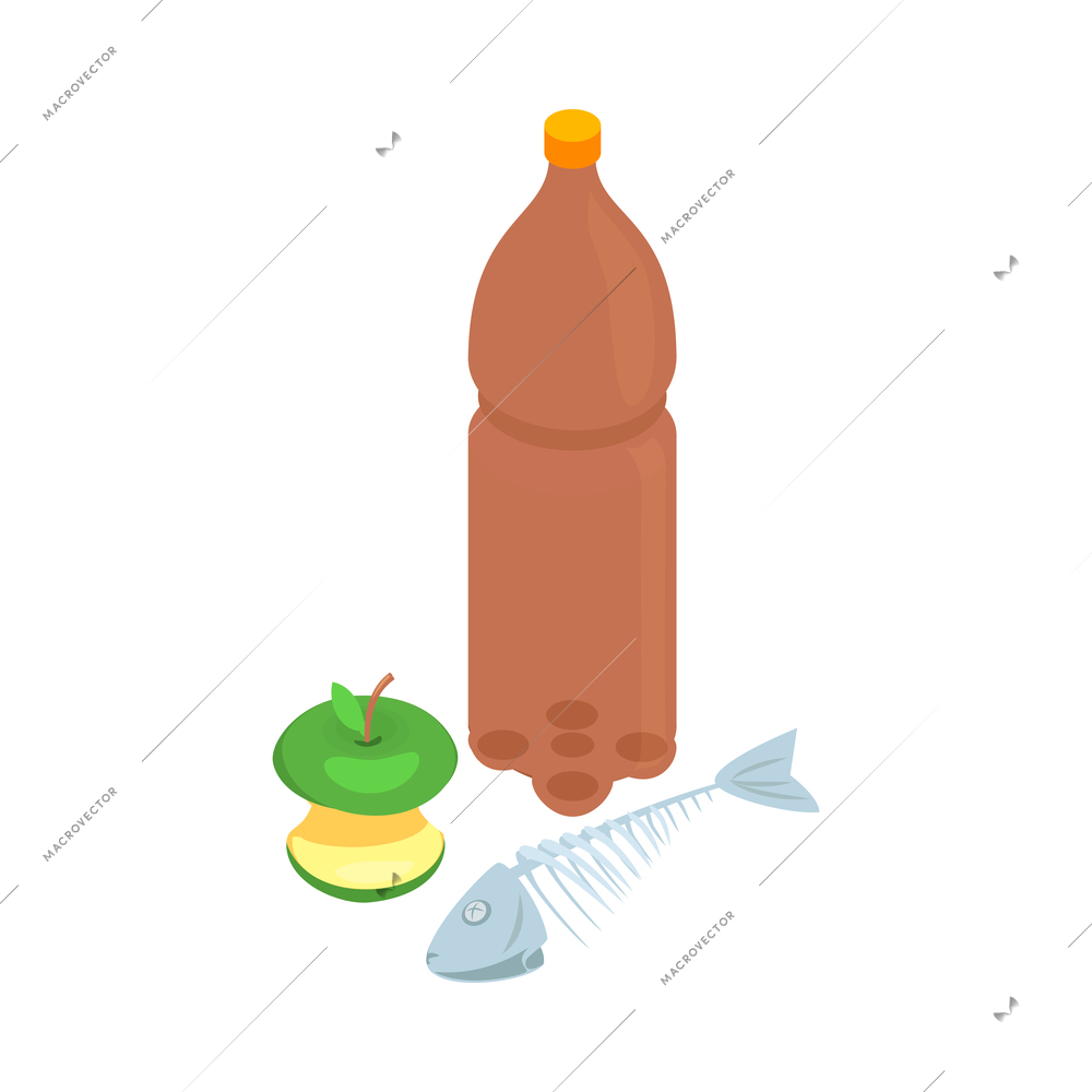 Organic waste and plastic bottle isometric icon on white background vector illustration