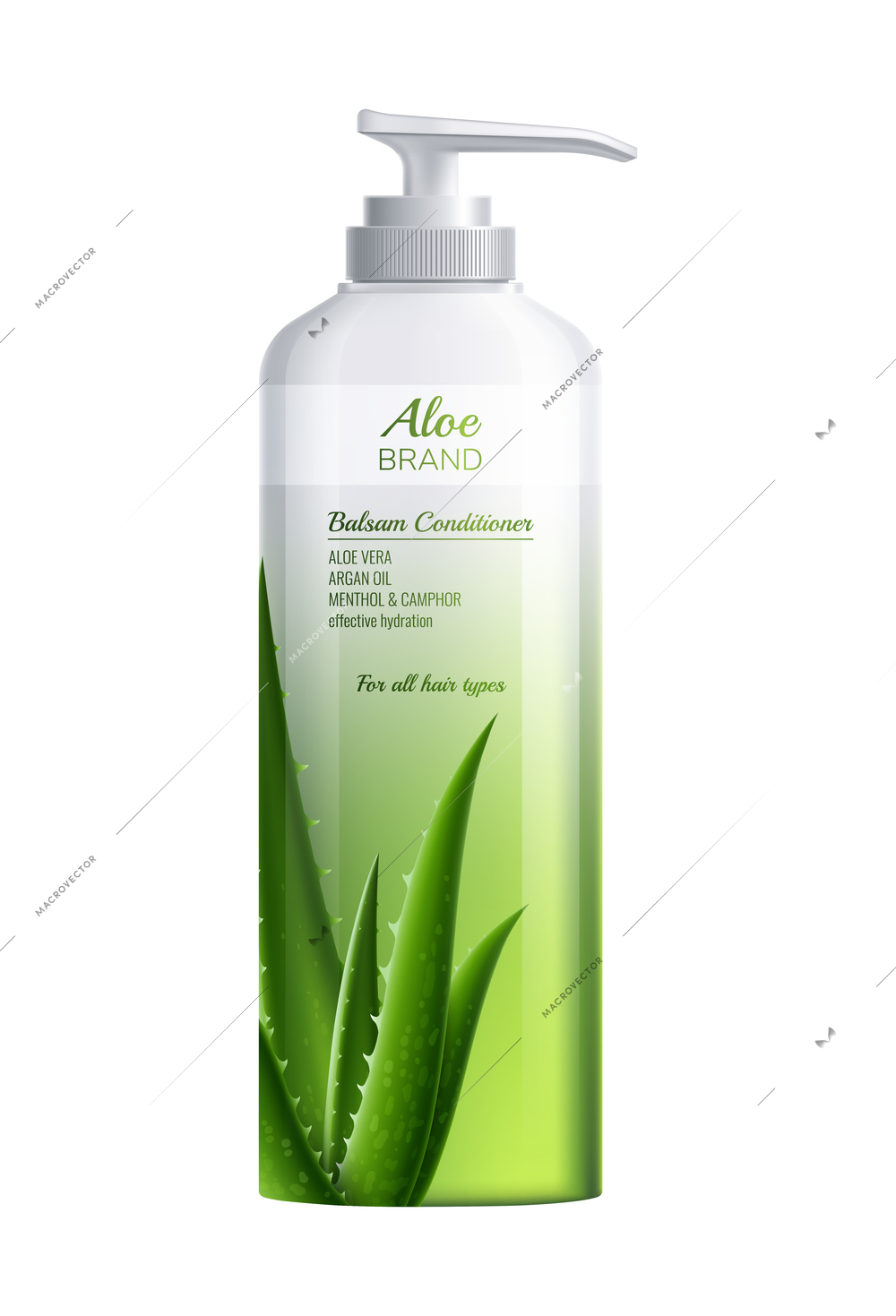 Realistic bottle of aloe vera hair conditioner with natural ingredients vector illustration