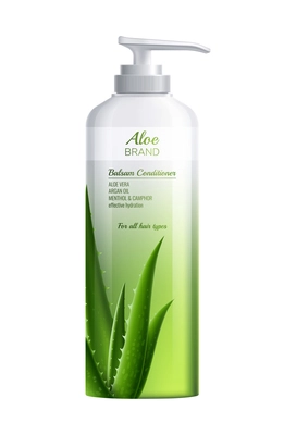 Realistic bottle of aloe vera hair conditioner with natural ingredients vector illustration