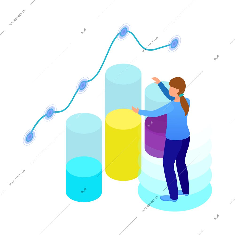 Isometric glowing business analytics icon with human characters and colorful charts 3d vector illustration