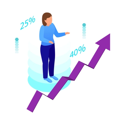 Isometric glowing business analytics icon with growing financial chart and human character 3d vector illustration