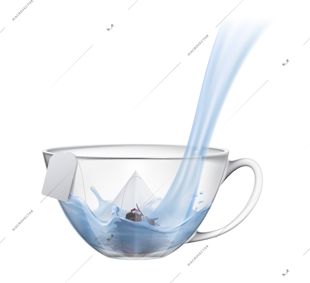 Tea brewing with pouring water into glass cup with teabag realistic vector illustration