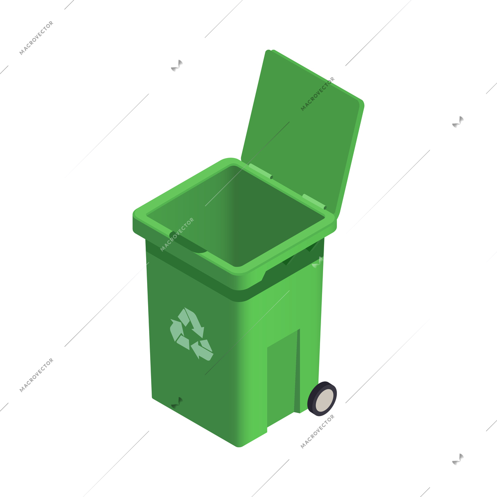 Isometric open green garbage bin on white background 3d vector illustration