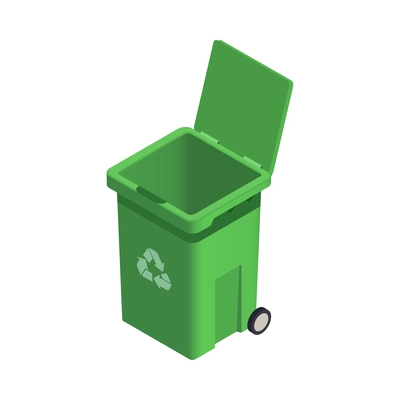 Isometric open green garbage bin on white background 3d vector illustration