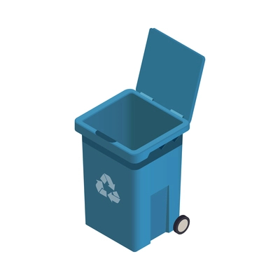 Isometric open blue garbage bin on white background 3d vector illustration