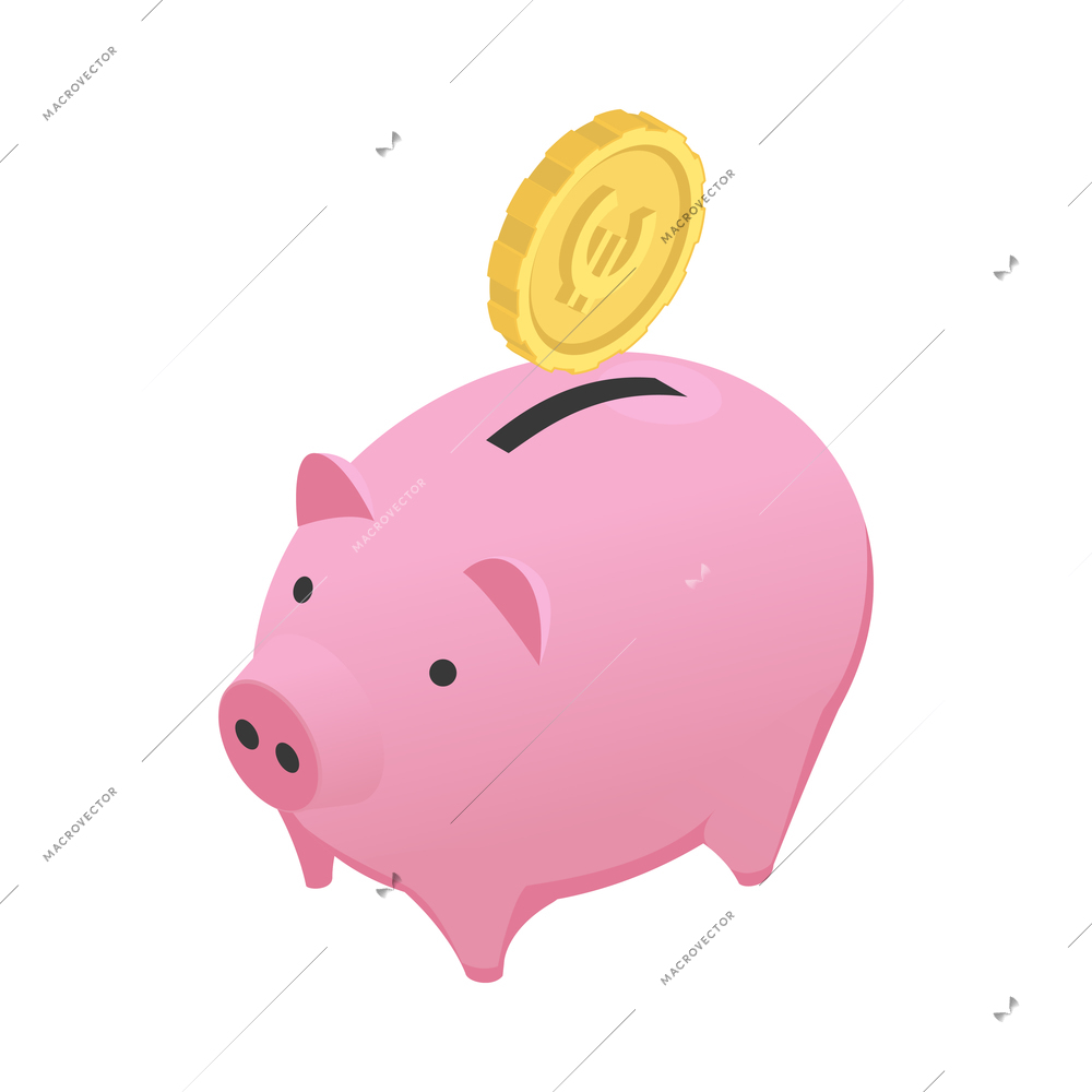 Banking isometric icon with pink piggy bank and coin 3d vector illustration