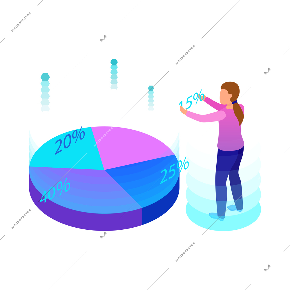 Business analytics colored icon with isometric pie diagram and human character 3d vector illustration