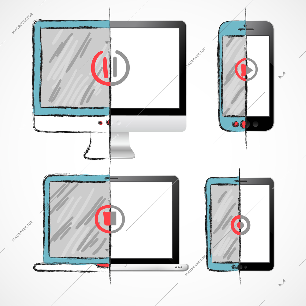 Digital devices set with computer monitor smartphone laptop tablet half sketch half realistic isolated vector illustration