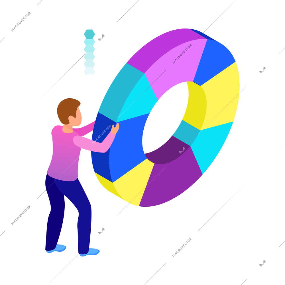 Isometric glowing business analytics icon with human character and colorful diagram 3d vector illustration
