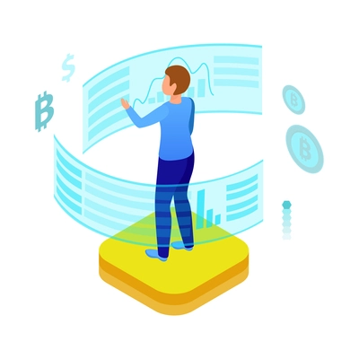 Isometric glowing business analytics icon with currency symbols and human character 3d vector illustration