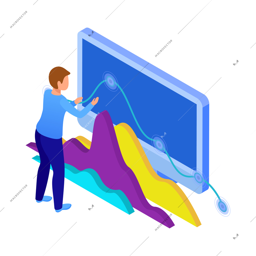 Isometric glowing business analytics icon with person looking at financial charts on computer screen 3d vector illustration