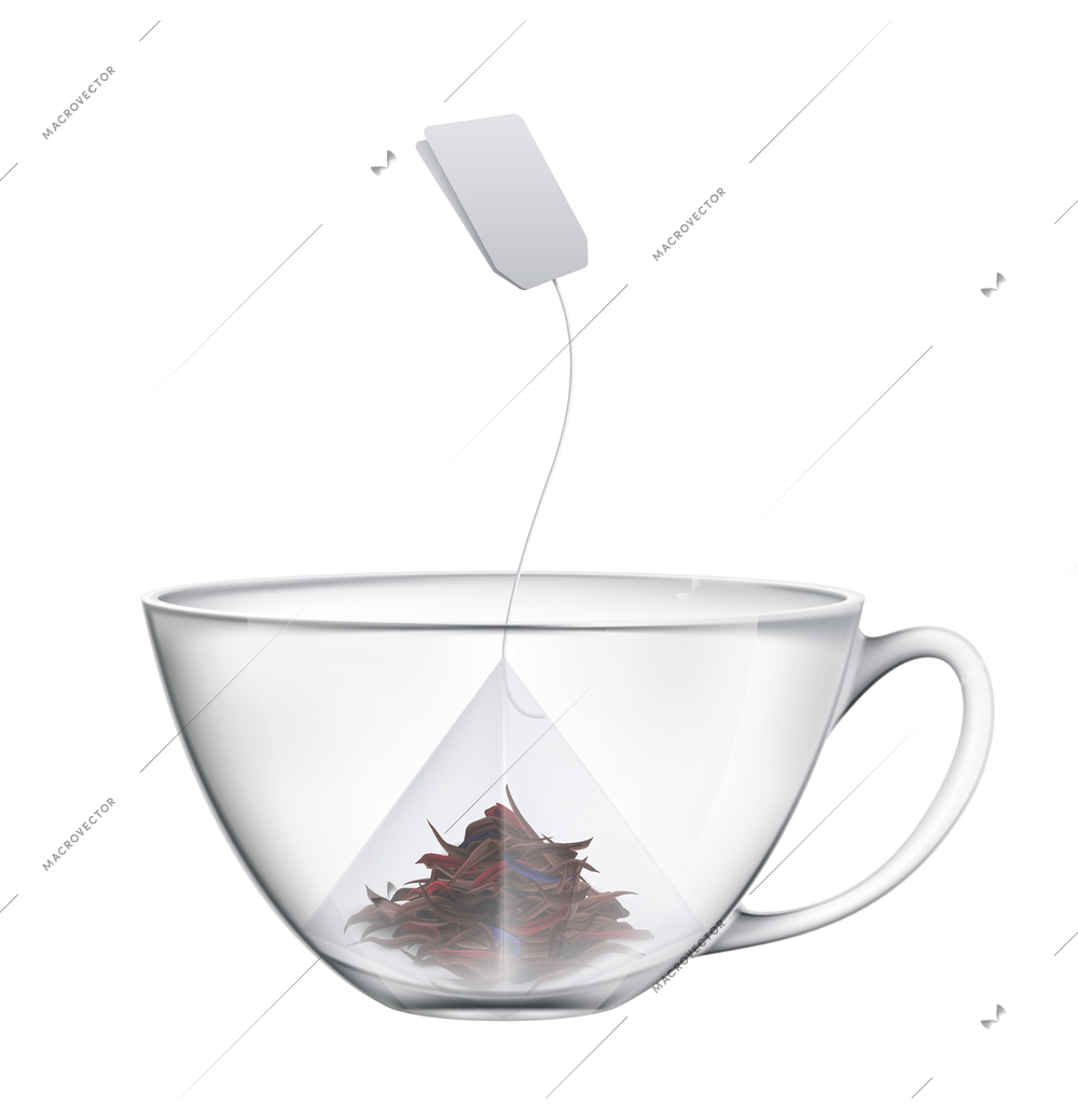 Realistic transparent glass tea cup with teabag on white background vector illustration